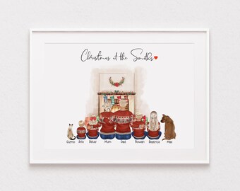 May include: A framed print depicting a family scene around a fireplace, with a cat and a dog. The family members are wearing matching red sweaters. The text "Christmas at the Smiths" is written at the top.