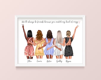 Personalised 5 Friends Best Friend Print, Best Friends, My Girls, A4 or A5, Gift, Besties, Friendship, Birthday, Girls, Customisable