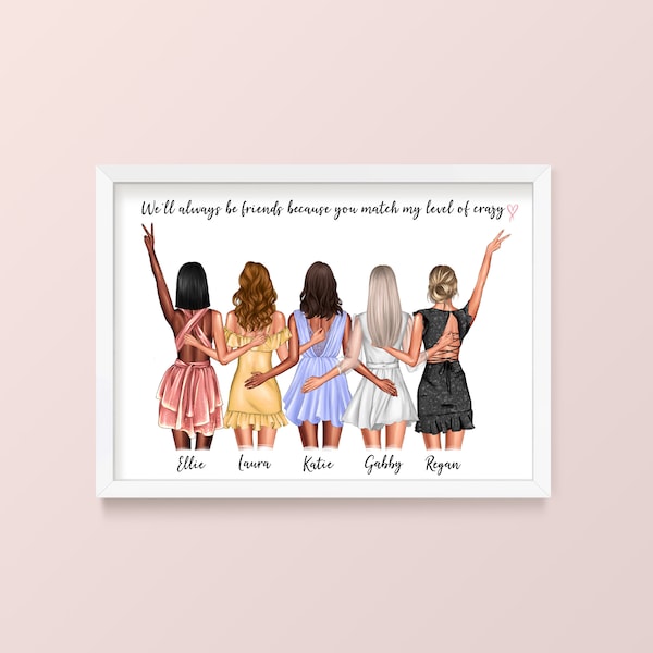 Personalised 5 Friends Best Friend Print, Best Friends, My Girls, A4 or A5, Gift, Besties, Friendship, Birthday, Girls, Customisable