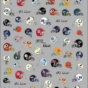 May include: A sheet of small, colourful NFL football helmet decals featuring various team logos and colour schemes. The grey background includes the repeated text NFL helmets and the code FEB-581 printed in black at the bottom centre of the sheet.