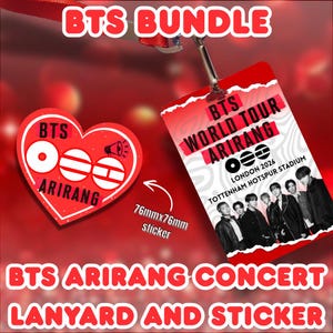 Pode incluir: Um conjunto de cordão e autocolante vermelho para o concerto BTS Arirang. O autocolante em forma de coração tem 7,6 cm x 7,6 cm e apresenta o logótipo BTS e a palavra "Arirang". O cordão inclui um passe para o BTS World Tour Arirang em Londres 2026.