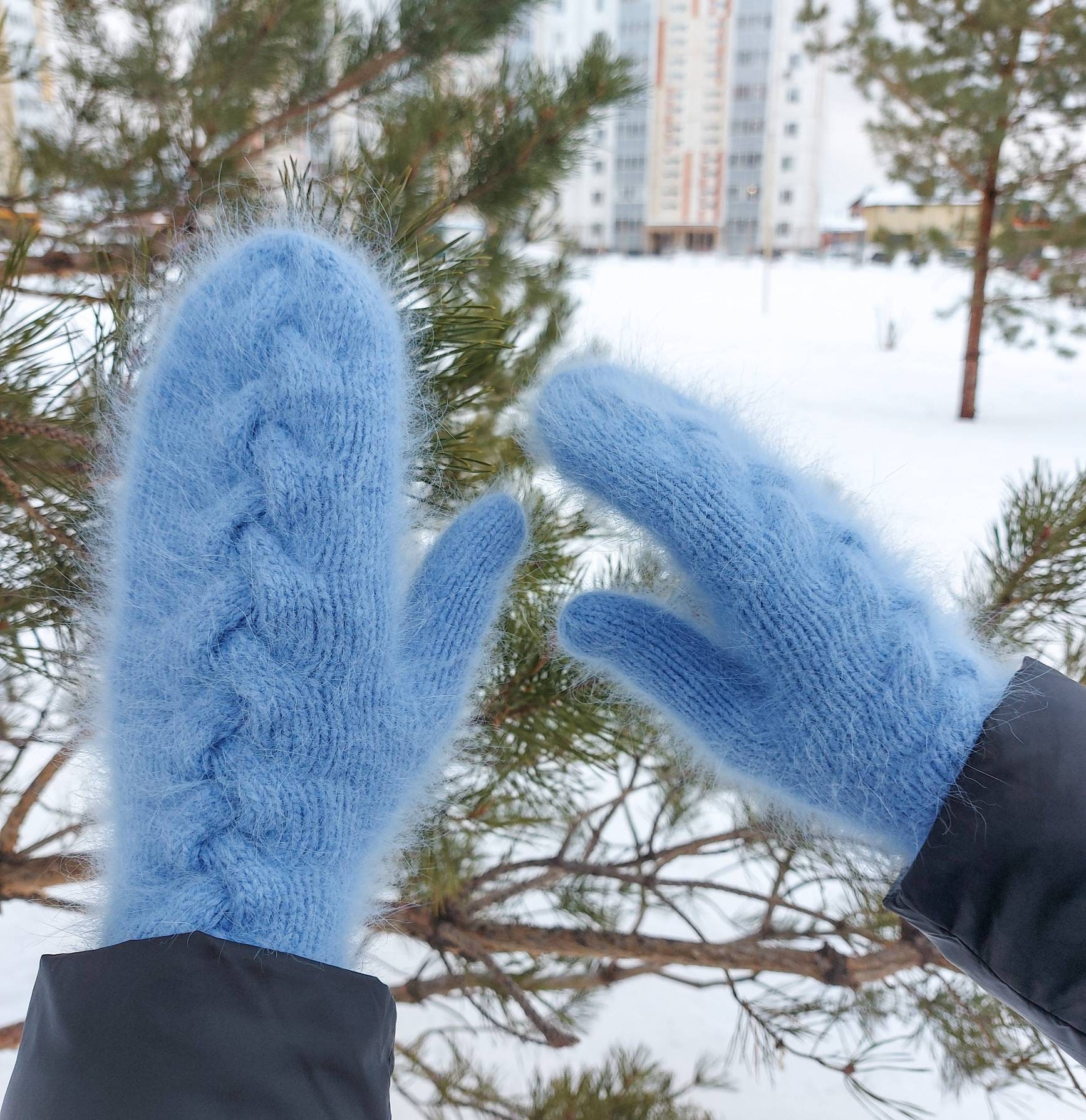 Fluffy light blue mittens made of soft angora wool Warm winter Etsy