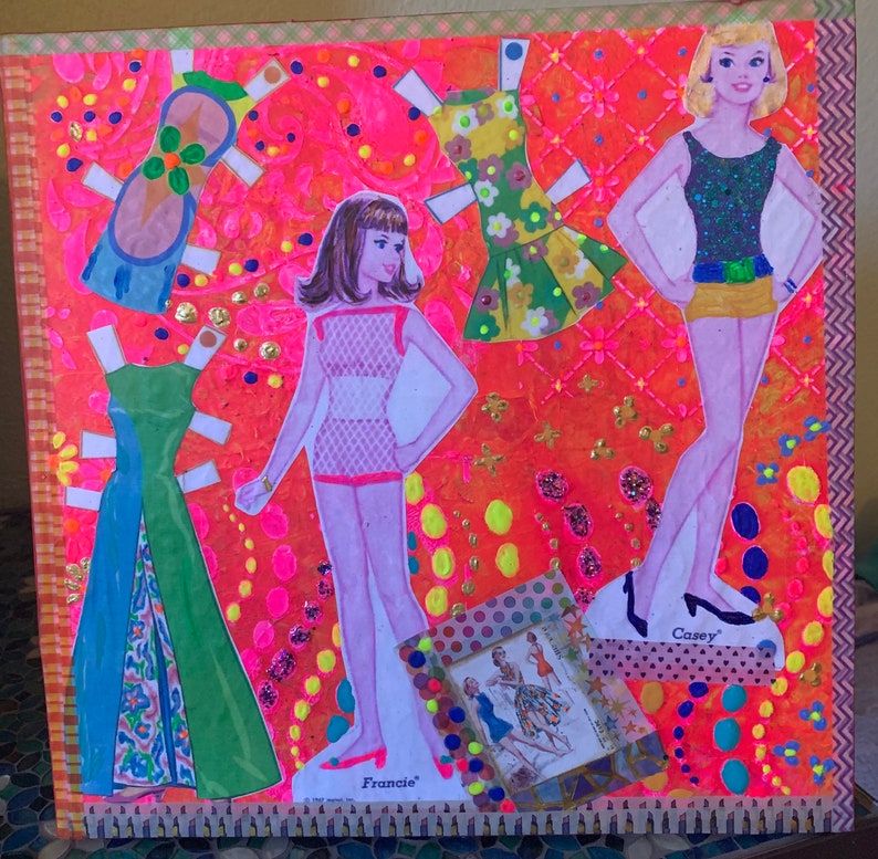 Francie And Casey Paper Dolls 3 Mixed Media Art Handmade Decorative Wall Hanging