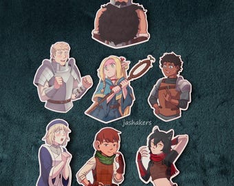 May include: Set of 7 illustrated stickers featuring fantasy characters. The stickers are printed on white paper with a glossy finish. The characters include a warrior, a wizard, a knight, a rogue, a bard, a cleric, and a dragon.