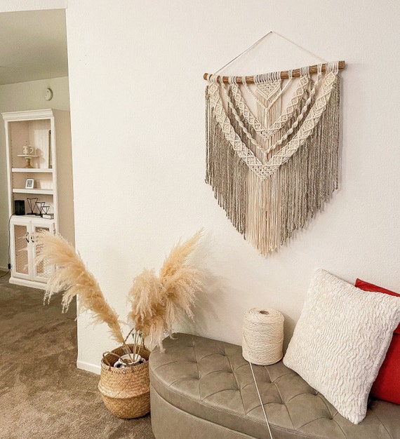 Cream Macrame Wall Hanging with Beads on Branch