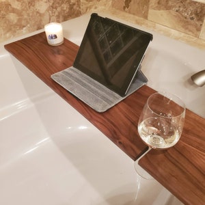Handmade Walnut Bath Caddy | Luxury Bath Decor | Wine & Tablet Holder | Made in USA