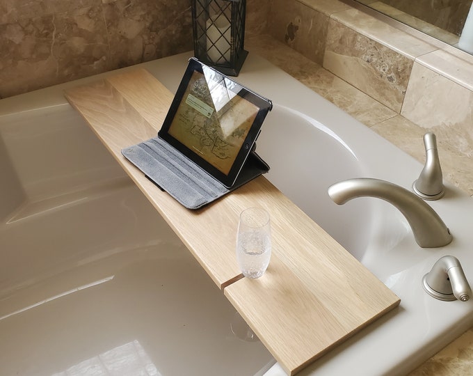 Handmade Oak Bath Caddy: USA Made Tub Tray with Wine Slot