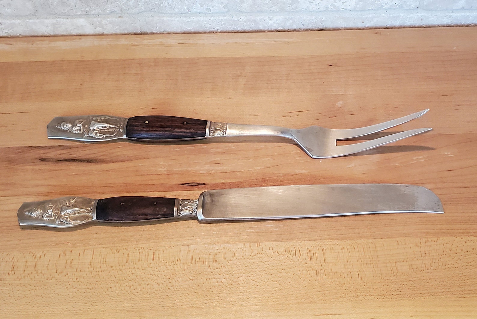 Vintage Thailand Nickel Bronze Knife and Fork Carving Set Etsy