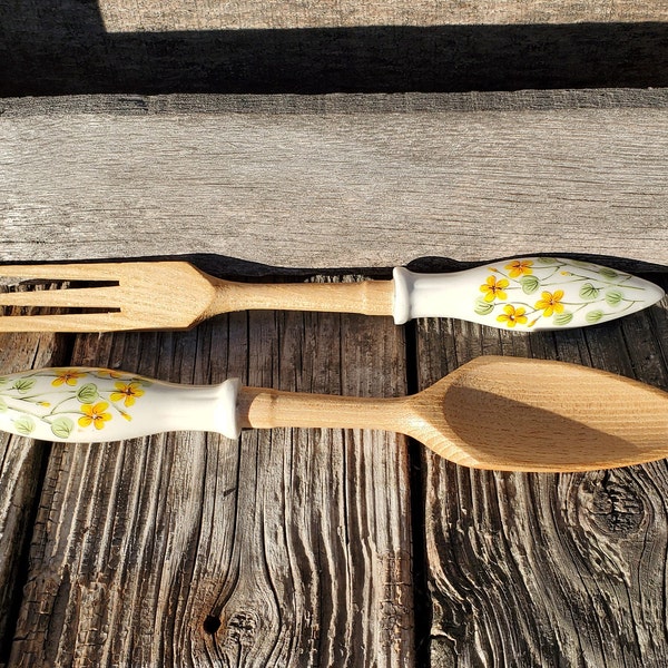 Vintage Wood and Ceramic Serving Utensils with Floral Pattern Fork and Spoon