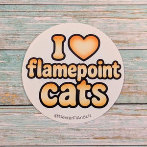 May include: A round sticker with the words "I ❤️ flamepoint cats" in orange and black lettering. The heart symbol is orange. The sticker has a white background and the text "@DexterFiAndLiz" at the bottom.
