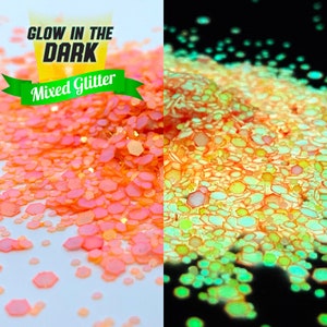 Glow in the Dark Orange Mixed Glitter, Solvent Resistant, Loose Glitter Chunky Glitter Glitter Phosphorescent Glitter For tumblers