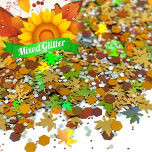 Harvest Fall Leaves Shaped Glitter, Solvent Resistant Autumn Leaves Chunky Leaves Glitter Fall Green Golden Tan Leaf Glitter Nail Art