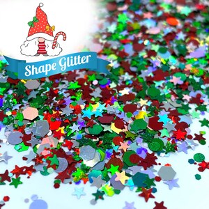 Christmas Joy Shape Mix Glitter, Solvent Resistant Glitter For tumblers Polyester nail art confetti for slime Holidays red green silver