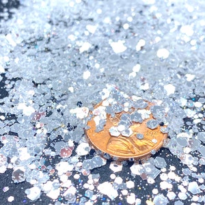May include: A close-up of iridescent silver glitter with a penny for scale. The glitter is a mix of different sizes and shapes, with some pieces being larger and more hexagonal.