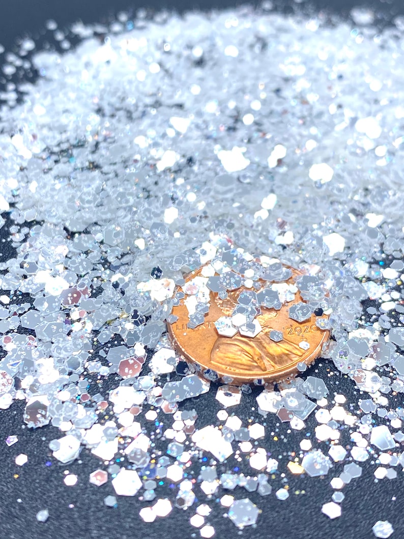 May include: A close-up of iridescent silver glitter with a penny for scale. The glitter is a mix of different sizes and shapes, with some pieces being larger and more hexagonal.