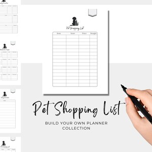 Könnte beinhalten: Druckbare Einkaufsliste für Haustiere mit einer Schwarzweißillustration eines Hundes. Die Liste enthält Spalten für Artikel, Geschäft, Preis und gekauft. Der Text "Pet Shopping List" ist in schwarzer Kursivschrift geschrieben. Unter der Liste steht der Text "Build Your Own Planner Collection" in schwarzer Schrift.