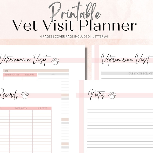Vet Visit Planner |  Pearl n' Pink Collection | PDF Printable (for dog, cat, puppy)