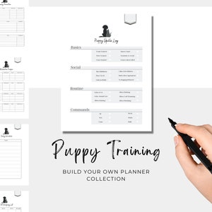 May include: Printable puppy training planner with a black and white illustration of a puppy and the text "Puppy Training Build Your Own Planner Collection".