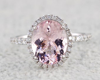 Morganite Oval Diamond Halo Ring with diamond prongs