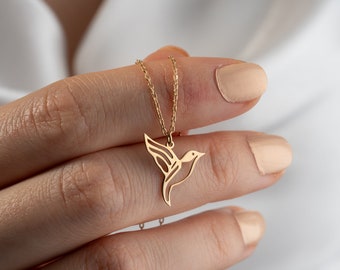 Zarte Kolibri-Halskette, winziger Kolibri-Anhänger, 14-karätige Gold-Kolibri-Halskette, Vogel-Charm-Halskette, Geschenk für ihn, Muttertagsgeschenk