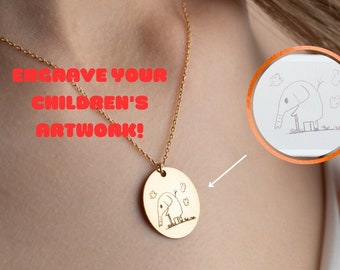 Kids Drawing Disc Necklace, Custom Children Artwork Necklace, Children's Drawing Necklace, Personalized Disc Pendant, Gift for Mom & Grandma