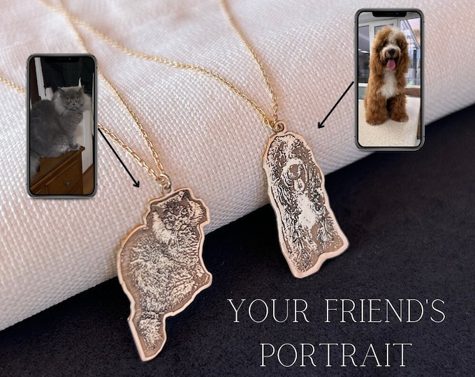 Custom Pet Portrait Necklace, Engraved Pet Portrait Necklace, Personalized Gifts, Custom Dog Lover Necklace, Gift for Kids, Pet Loss Gift,