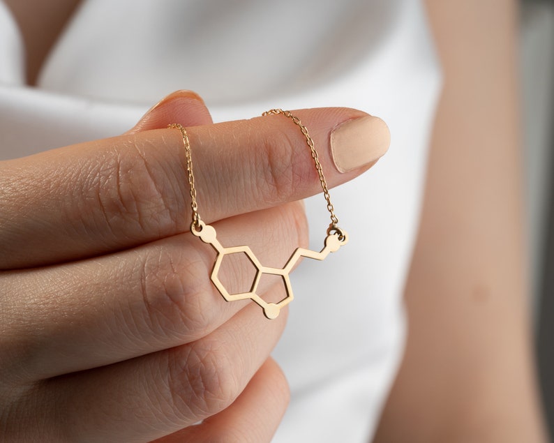 Serotonin Necklace, Handmade Serotonine Molecule Necklace, 14K 18K Gold Serotonin Necklace, Happiness Necklace, Birthday Gift, Gift for Her image 1