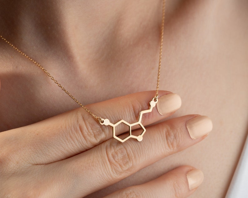 Serotonin Necklace, Handmade Serotonine Molecule Necklace, 14K 18K Gold Serotonin Necklace, Happiness Necklace, Birthday Gift, Gift for Her image 4