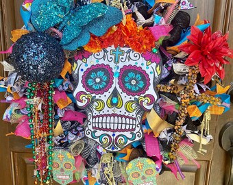 Day of the Dead Wreath, Día De Los Muertos Décor, Sugar Skulls, November Wreath,
