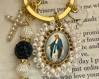 Virgin Mary Keychain: Catholic Purse Charm, Crucifix, Confirmation Gift