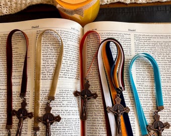Catholic Crucifix Velvet Ribbon Bookmark: St Benedict Medal, Copper Crucifix Missal Page Keeper