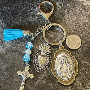 Virgin Mary Keychain: Catholic Purse Clip, Crucifix, Blue Tassel