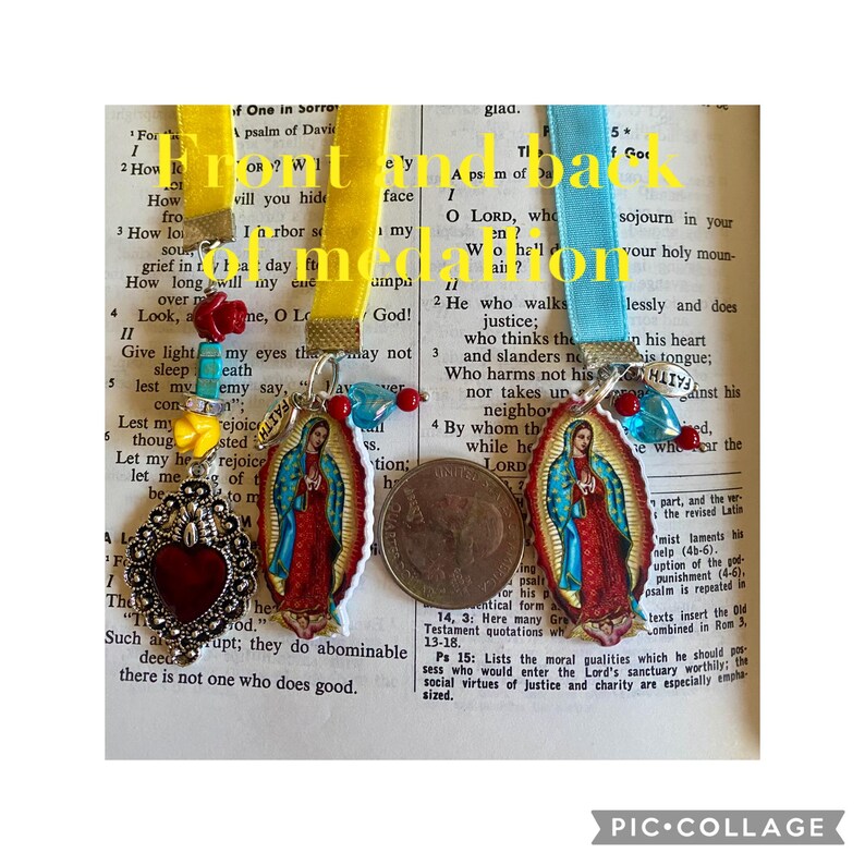 May include: Three religious medallions with colorful images of the Virgin Mary, each with a different design. The medallions are attached to a red, white, and blue beaded chain. The medallions are displayed on a page of a book with text.