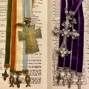 Bible Passage Bookmarks Customizable, Four connected 9&quot; to 12” long thin Velvet ribbons Confirmation, Baptism, Study Groups, Missal Marker