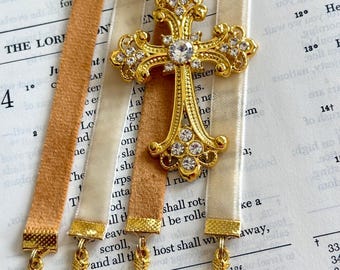 Velvet Ribbon Bible Bookmark: Cross Medallion, Religious Gift, Multistrands