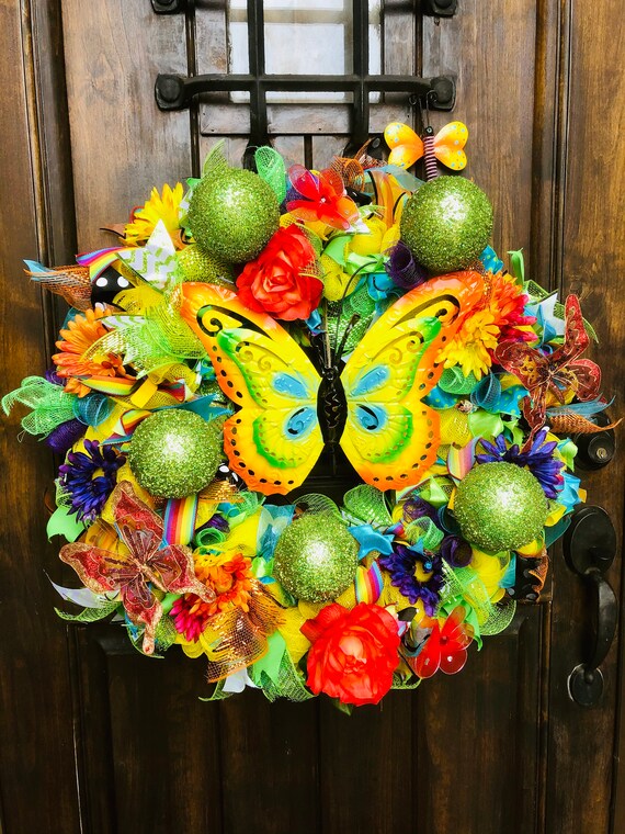 Butterfly Front Door Wreath. Full Colorful Wreath Spring Etsy