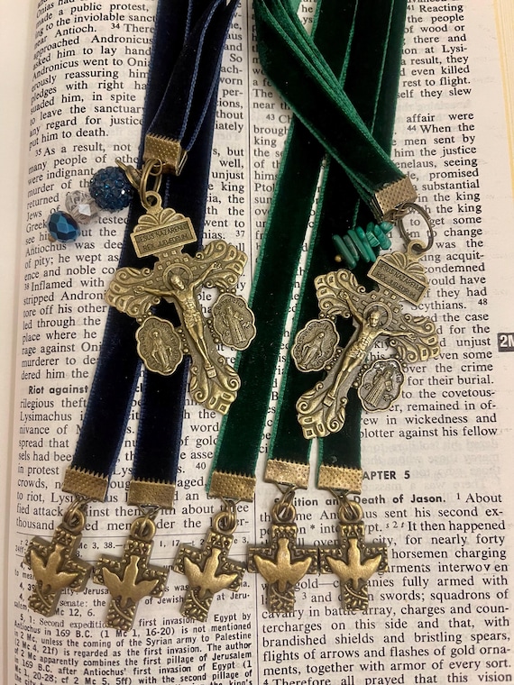 Catholic Crucifix Velvet Ribbon Bookmark: St Benedict Medal, Miraculous Medal