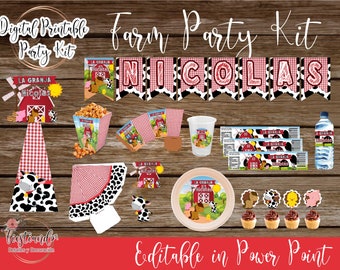 Farm Party kit Printable custom, Farm birthday party decoration, Editable template in PowerPoint to print