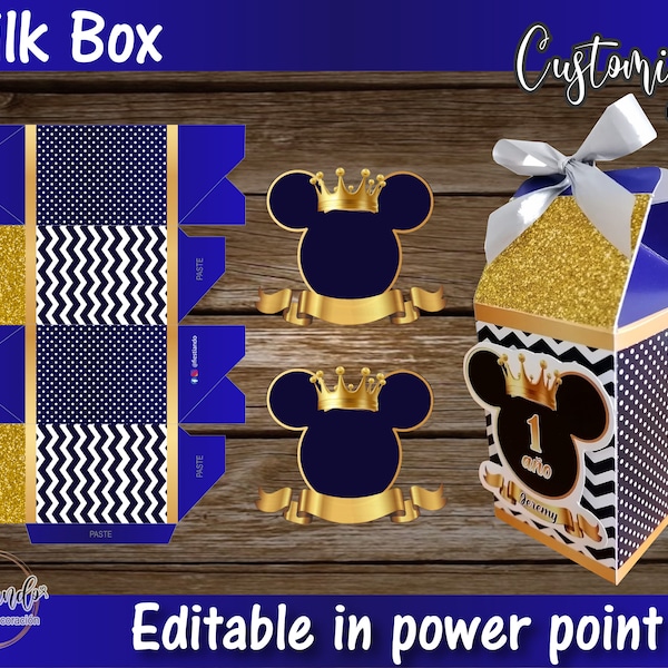 Printable Blue Prince Mickey Mouse Milk Box / Prince Mickey birthday decoration / Editable PowerPoint template