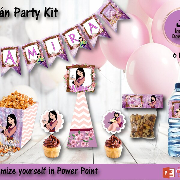 Mulan Party Kit Printable Personalized, Mulan Birthday Party Decoration, Editable Template in PowerPoint to print