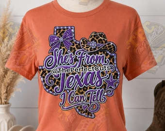 She's From Texas I can Tell DTF ready to press transfer|DTF Transfer|She's From Texas Blinged Out Design|Leopard Designs|Custom Transfers