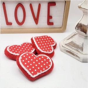 Red Polka Dot Wool Felt Heart Decor, Valentine Ornament, Wreath Attachment, Hanging Heart Decoration, Valentine Gift, Tiered Tray