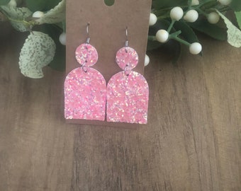 Pink glitter closed arch earrings, pink glitter faux leather earrings, pink glitter earrings, vegan leather earrings
