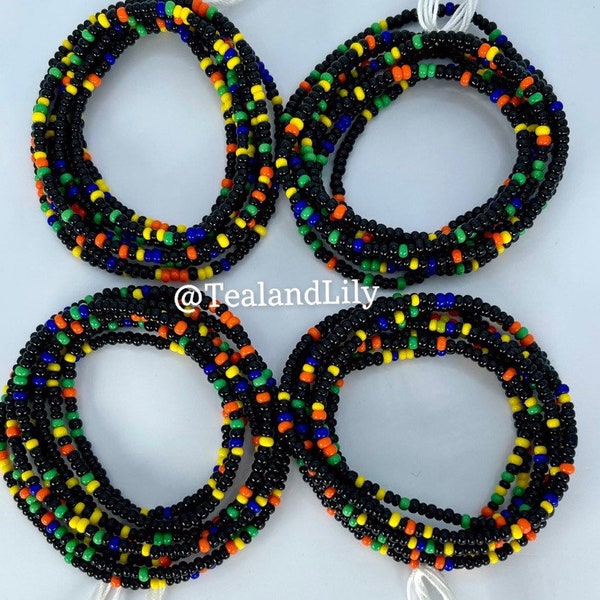Black Multi-Colored Tie-On Waist Beads- African Waist Beads- Non-Stretch Waist Beads- Belly Jewelry- Weight loss Tracker- Waist Beads