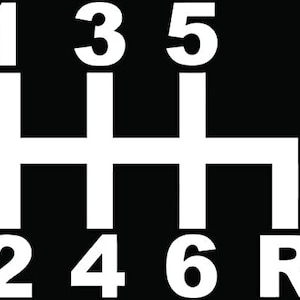 May include: White numbers 1, 2, 3, 4, 5, 6, and the letter R are arranged in a standard gear shift pattern on a black background.
