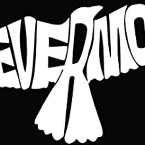 May include: A white silhouette of a bird with the word "NEVERMORE" formed into the bird's body.