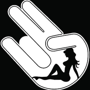 May include: A white silhouette of a hand making the "rock on" gesture with a woman's silhouette inside the hand.