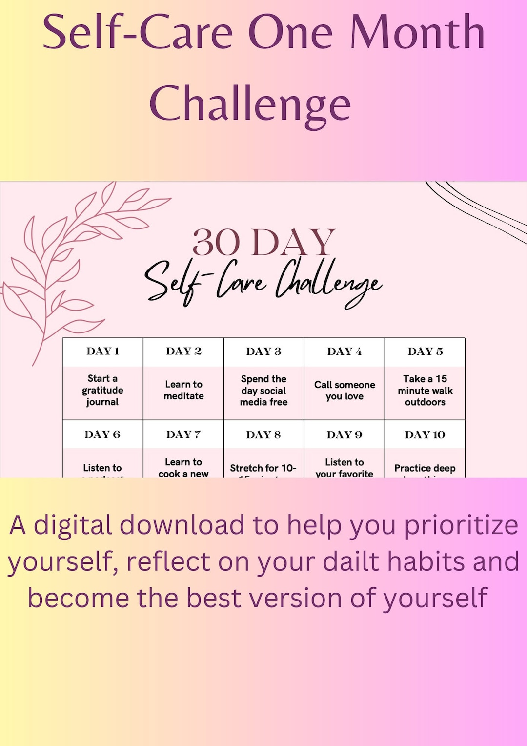 30 Day Self Love Challenge Sheet Self Care Challenge Digital Planner
