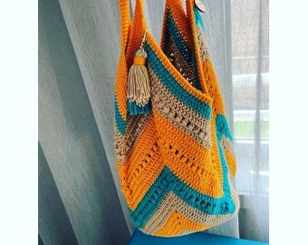 Multicolor Crochet Bag, Market Tote Bag, Grocery bag, Reusable Bag, Crochet Tote Bag, Chevron Bag, Cotton Beach Bag, Handmade Bag, Eco Bag