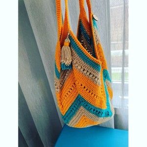 Multicolor Crochet Bag, Market Tote Bag, Grocery bag, Reusable Bag, Crochet Tote Bag, Chevron Bag, Cotton Beach Bag, Handmade Bag, Eco Bag